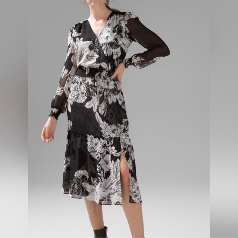 White House Black Market black and white floral midi dress featuring a faux-wrap
